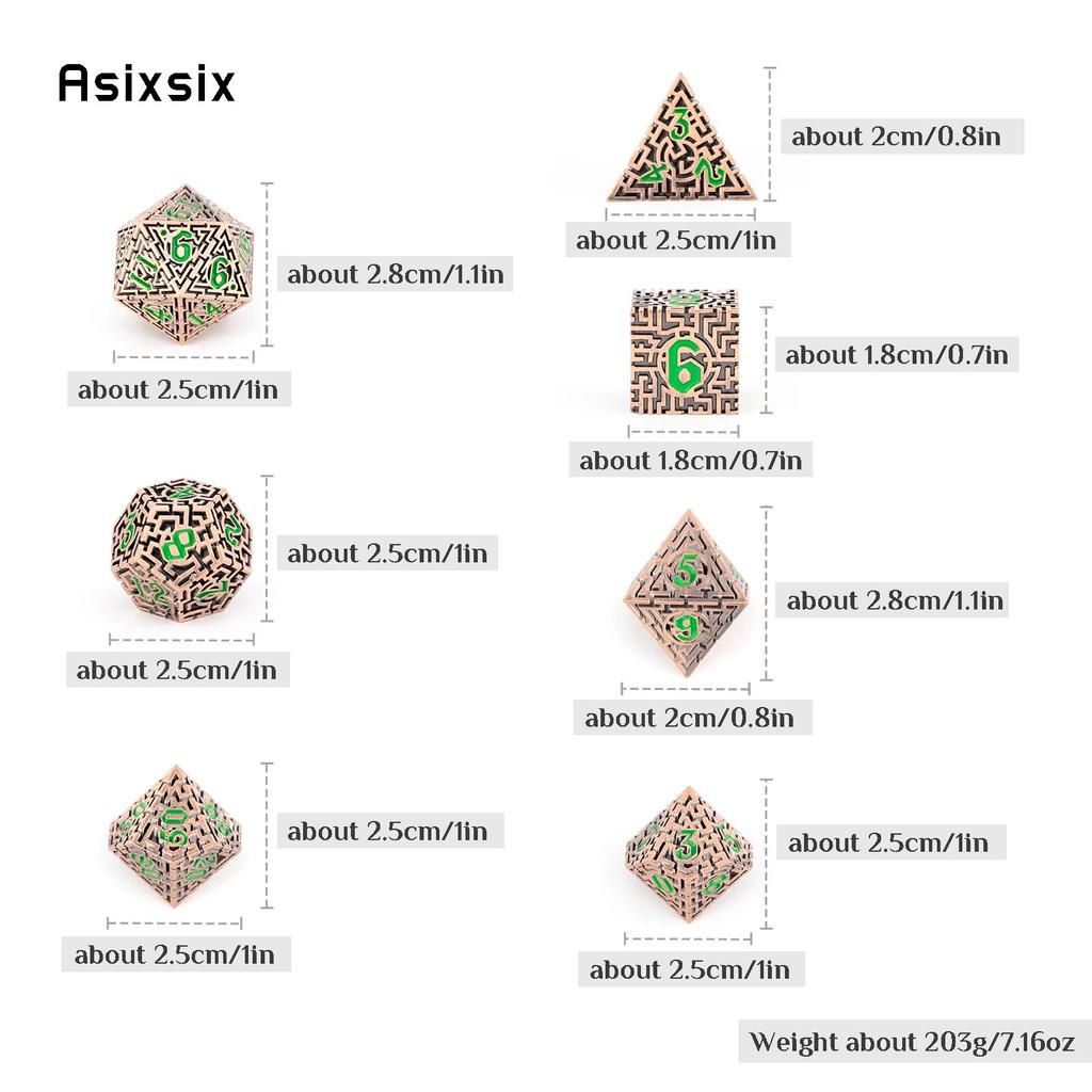 7 Pcs Copper Green Metal Dice Maze Solid  Metal Polyhedral Dice Set Suitable for Role-Playing RPG  Board Game Card Game