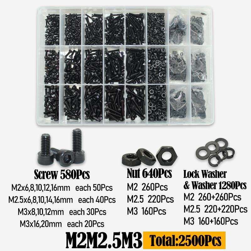 Black 2500P Hex Socket Head Screws Set M2 M2.5 M3 M4 M5 M6 DIN912 12.9 Allen Screw Nut Steel Button Head Socket Cap Bolt Nuts