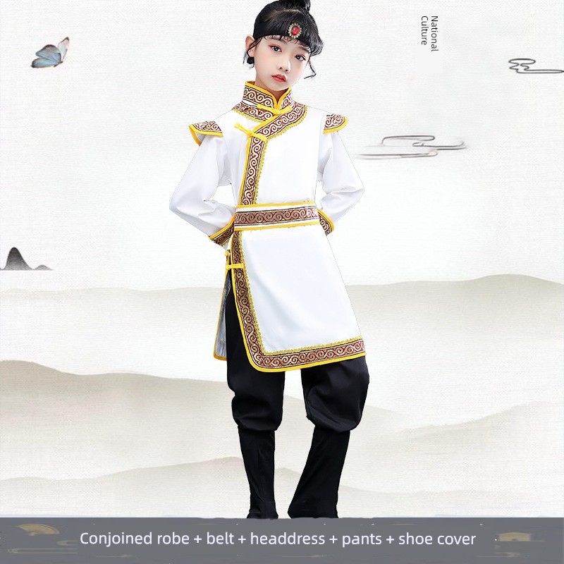 

Новый детский монгольский костюм, одежда для выступления, одежда для танца белого коня, одежда меньшинств, платье для выступления для мальчиков и девочек Women s White Four-sided Bomb 170cm