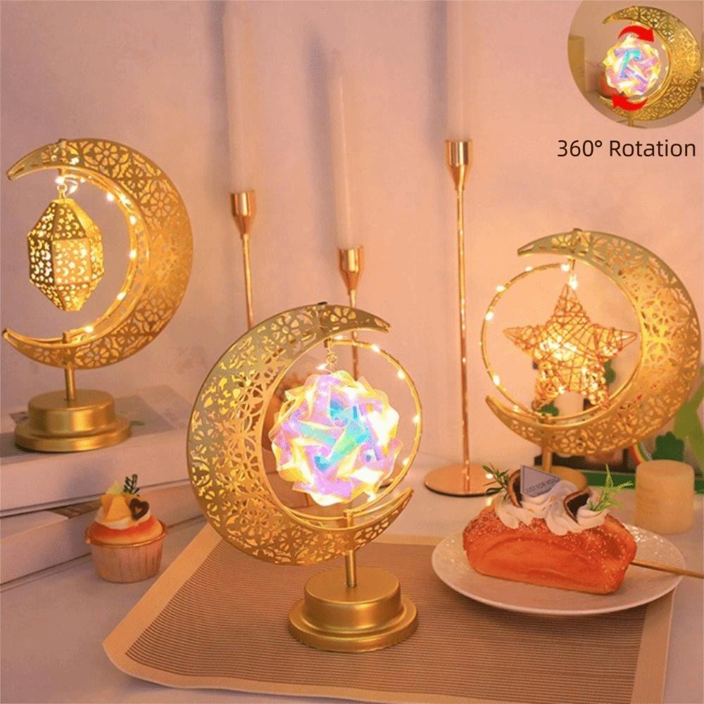 Metal LED Moon Lamp Elegant Rotating Design Ramadan Desk Lamp Crescent Moon Golden Finish Night Light Middle Eastern Party