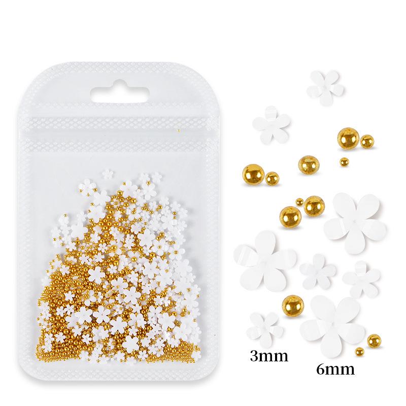 200pcs Five-Petal Nail Art Flowers with Gold & Silver Beads - White & Pink Resin Ornaments