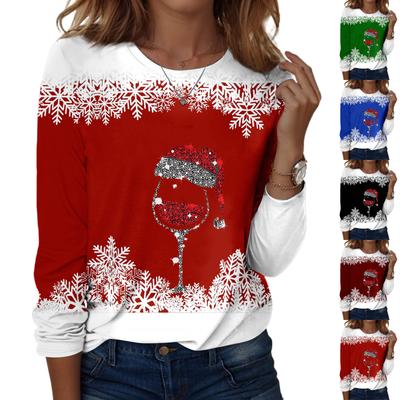 Women's Fashion Casual LongSleeve Print Round Neck Pullover Top Blouse