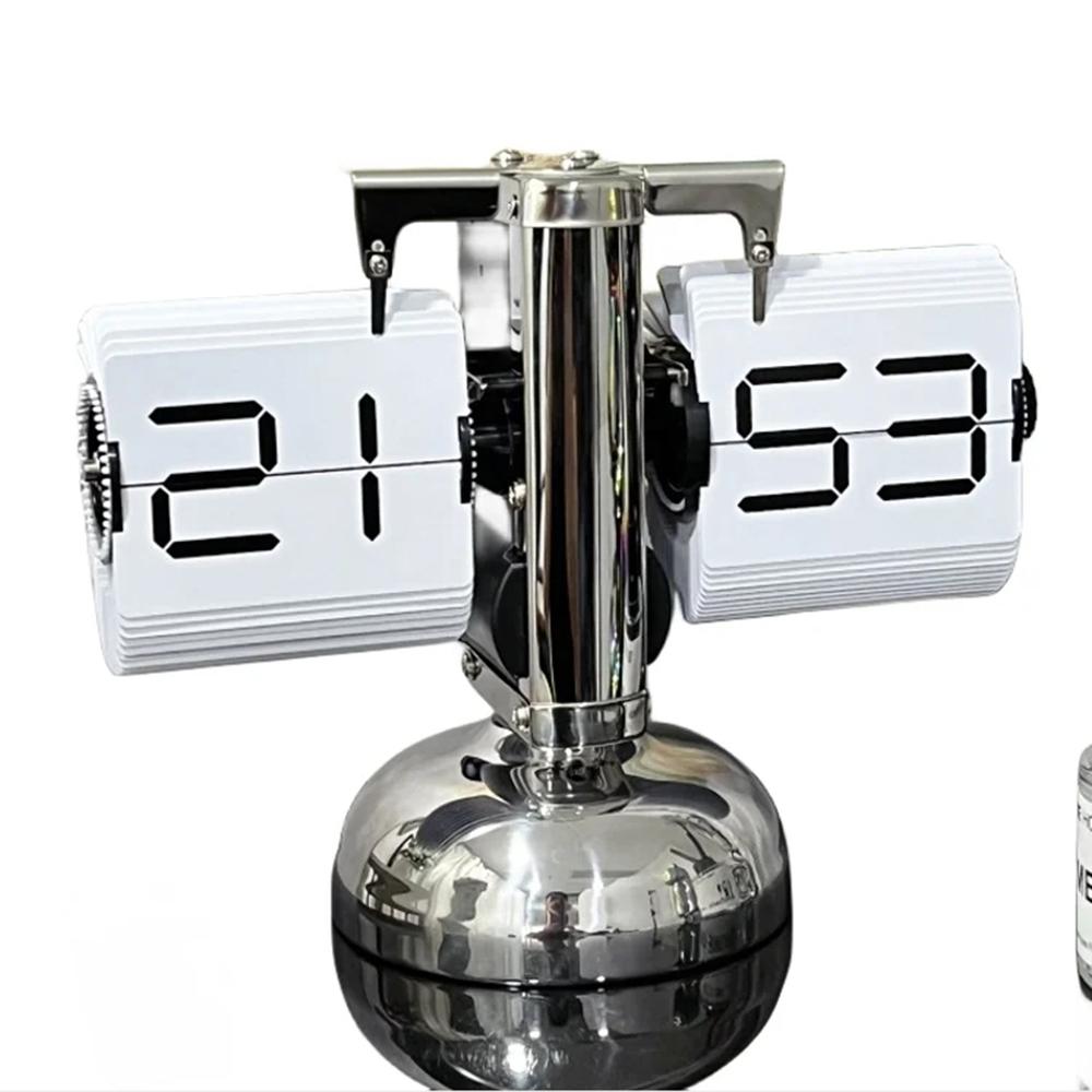 

Automatic Flip Clock Quartz Movement Single Foot Retro Simple Home Table Clock 24-Hour Stainless Steel White Page Digital Font A