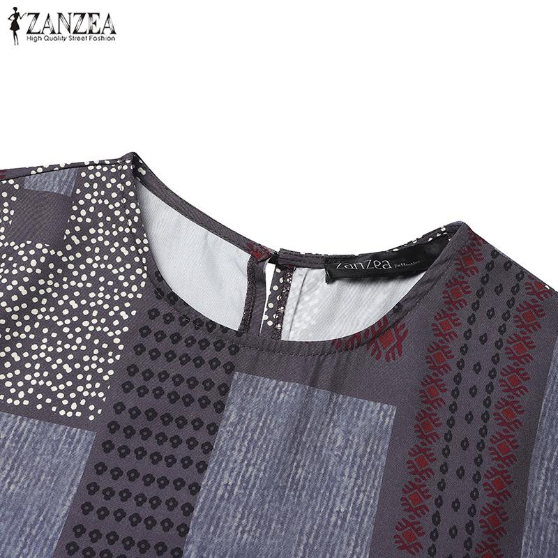 ZANZEA Women Retro Print Loose Casual Round Neck Long Sleeve Dress