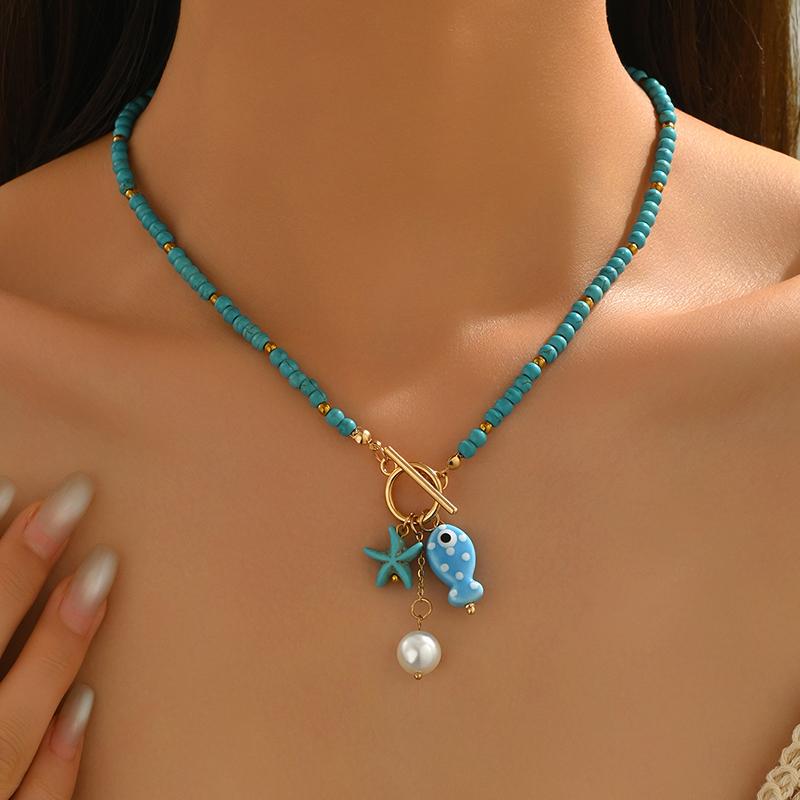 Bohemia Colorful Ceramic Fish Pendant Necklace for Women Handmade Beaded Pearl Starfish Necklace Summer Vacation Jewelry