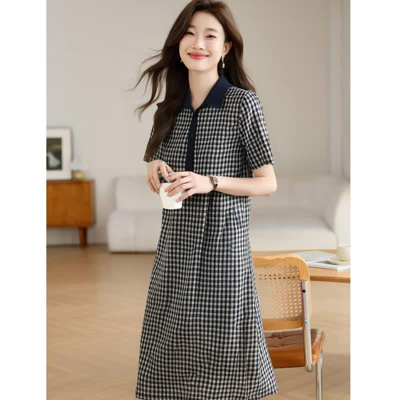 D.F.DEAR Women's Petite Plaid Patchwork Polo A-Line Dress