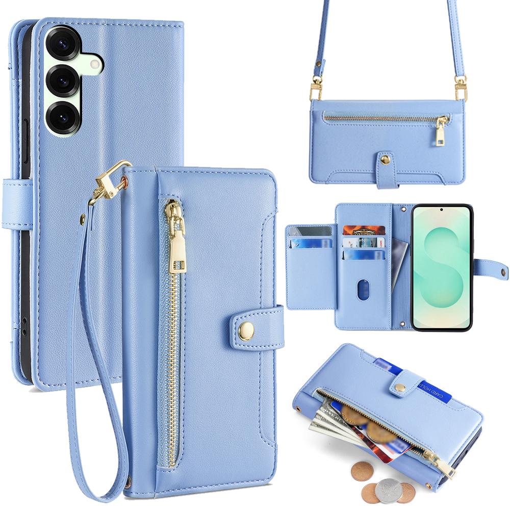 Pro Samsung Galaxy S25+ Kožené pouzdro Kapsa na zip Peněženka Kryt na telefon se 2 popruhy