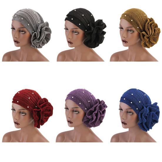 Fashion Faux Pearl Decor Big Flower Women Elastic Hat Soft Head Wrap Cap Gifts