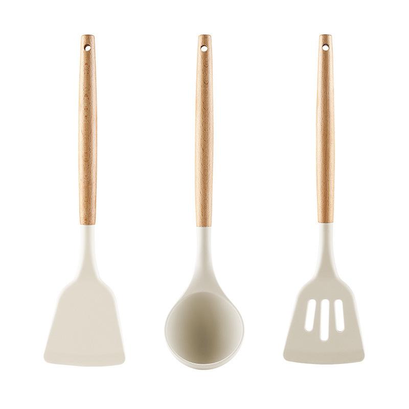 Non-stick pan silicone spatula special cooking spatula high temperature resistant solid wood handle frying spatula soup spoon kitchen cooking set