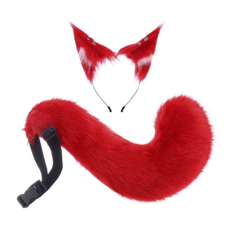 A52E Cats Wolf Foxes Ears Headband Furry Foxes Tail Plush Animal Ear Headband Tail