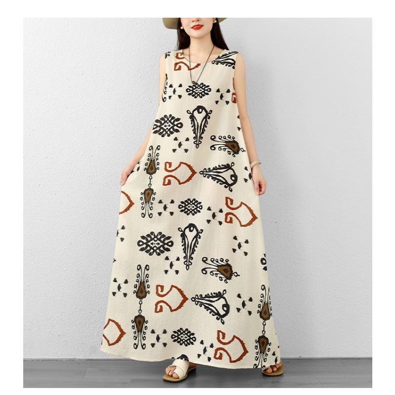 DIMANAF 2026 Women Plus Size Summer Beach Loose Lady Long Dress Vest Sleeveless Vintage Oversize Maxi Print Sundress Clothing