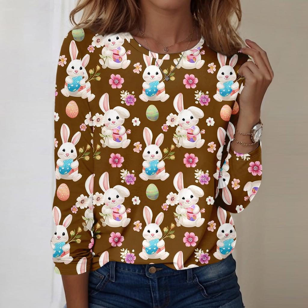Women's Daily Casual Long Sleeved Easter Printed Round Neck Top