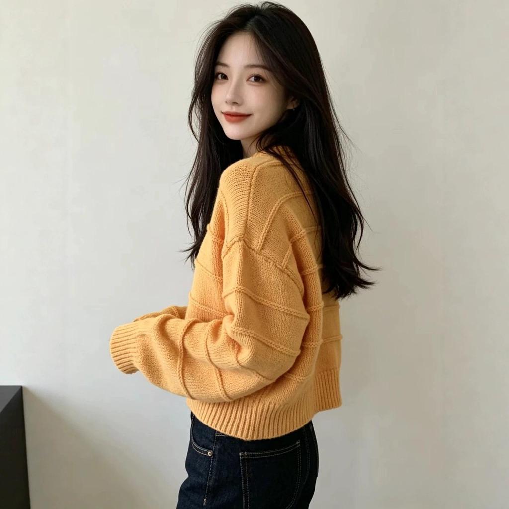 Women's Korean Style Chunky Knit Pumpkin Orange Sweater - Loose Round Neck Autumn Pullover