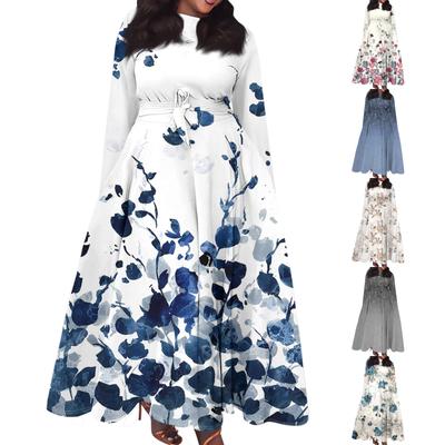 Damen Casual Mode Große Größe Print Rundhals Langarm Taschen Träger Schwingkleid