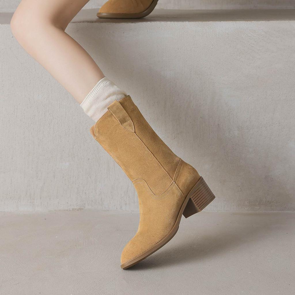 Krazing Pot Cow Suede Nubuck Winter Round Toe Modern Boots Med Heels Slip on Knitwear Women Mid-calf Boots