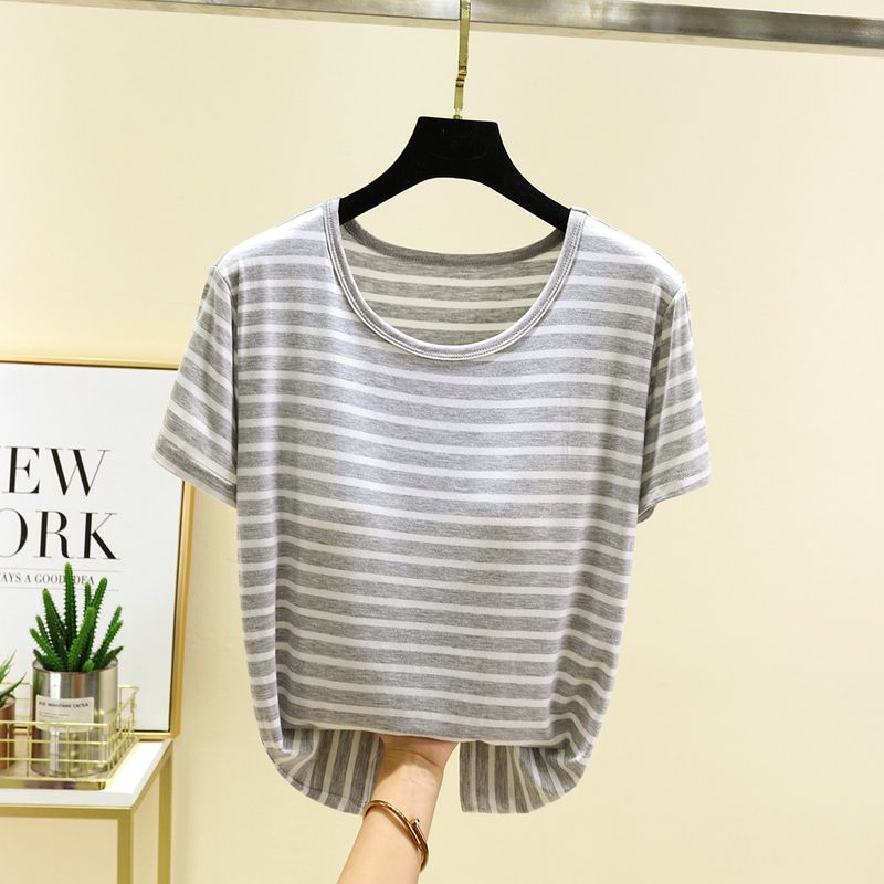 

Модал с нагрудной подушечкой Футболка с коротким рукавом Женская Летняя Универсальный Полосатый Топ Большого размера Свободный Бесшовный Бюстгальтер Базовая Футболка Light gray 2XL (70.00 kg-85.00 kg recommended