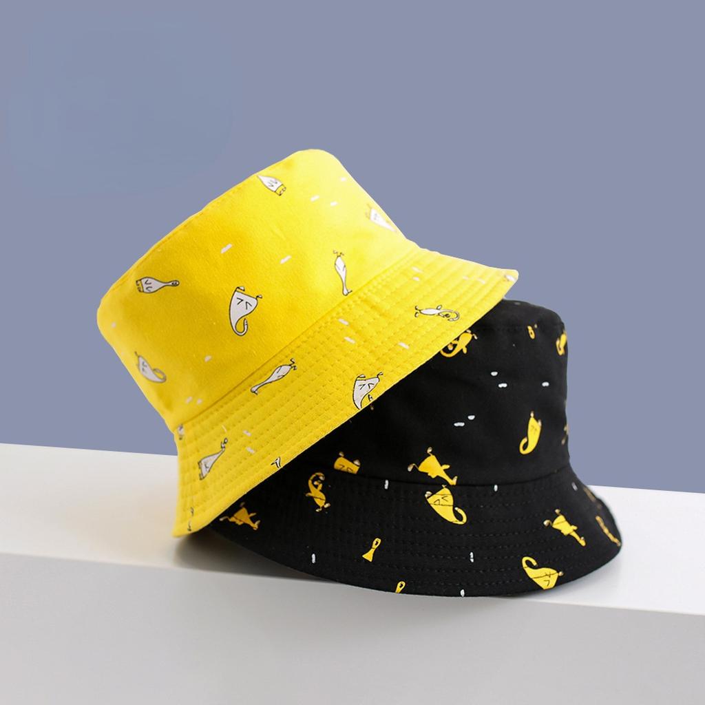 Hot, double-sided bucket hat women's summer sunshade basin hat cartoon print short-brimmed sunscreen damp hat