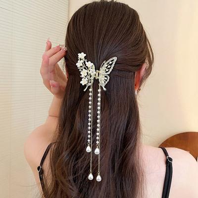 Pinza per Capelli con Nappa a Farfalla e Perle Fermaglio per Capelli Fiore Rosso per Ragazze Mollette per Coda di Cavallo Pinze a Granchio Accessori Regali Donna