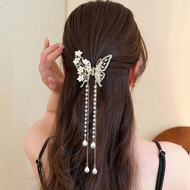 Butterfly Tassel Pearl Hair Claw Red Flower Festival Hairpin For Girls Ponytail Hair Clips Crab Women  Accessories Gifts