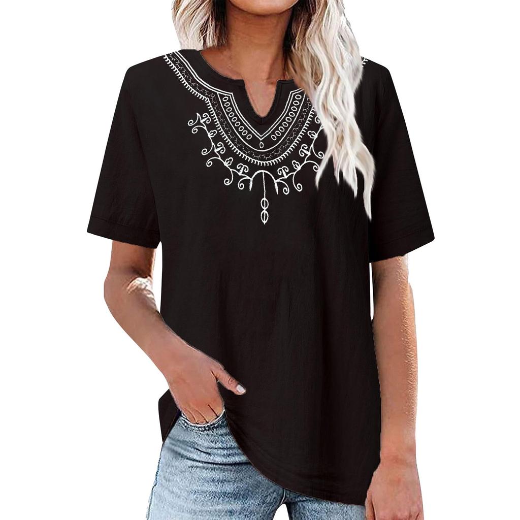 Cotton And Linen Embroidered Shirt V-Neck Color Women's Artistic Loose Fitting Short Sleeved Summer
