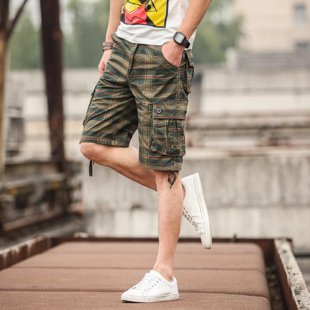 Summer Men's Medium Pants Cotton Comfortable Outdoor Sports Beach Pants Trend Plaid Shorts Loose Straight Large Size Cargo Pants