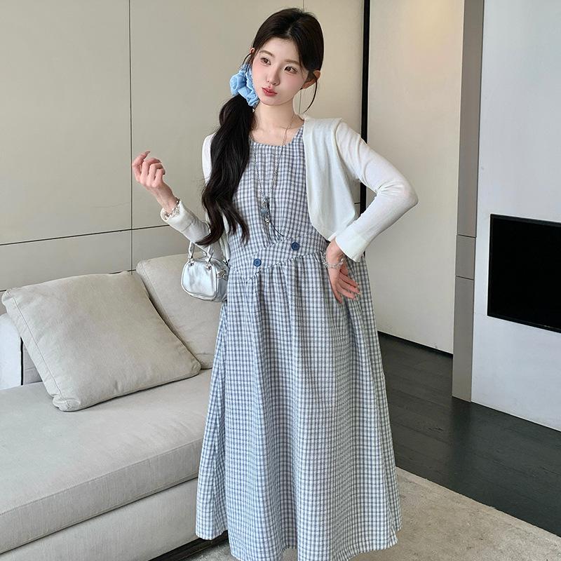 2026 Summer Maternity Sun Protection Shirt & Fresh Plaid Vest Dress: Korean Style Two-Piece Set 2XL