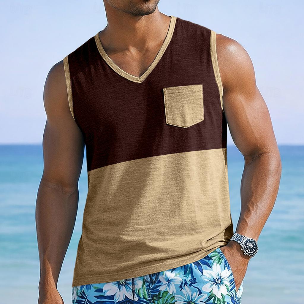 Men Sleeveless Casual Tank Top with Wide Shoulder Straps Chest Pocket and Panel Design for Everyday Wear