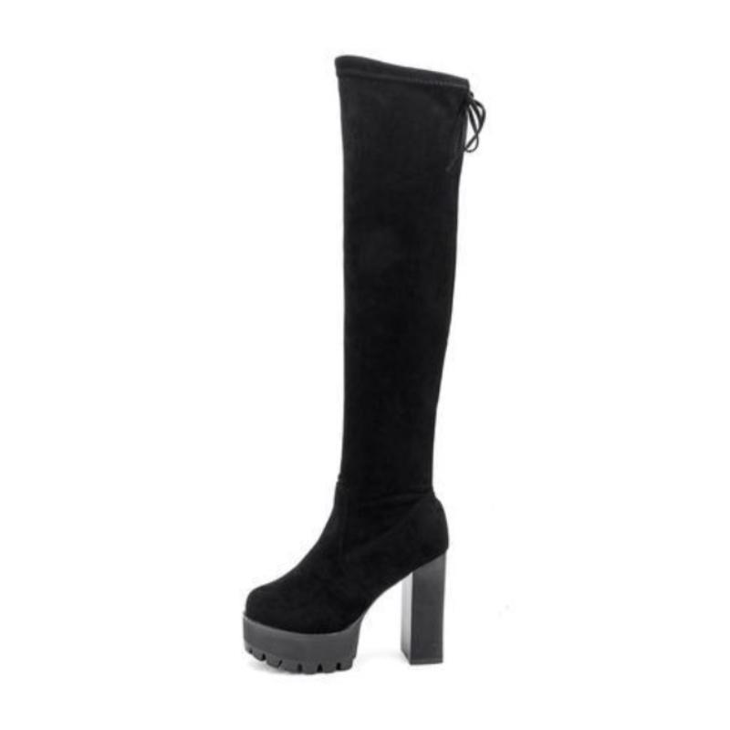 2026 Women's Over-the-Knee Chunky Heel Boots Super High Heels with Furry Lining Stretch Fabric Back Tie Slimming Long Boots