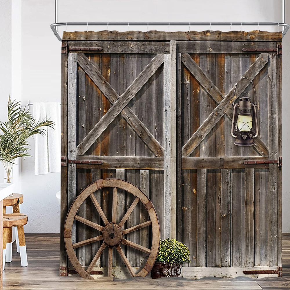

Rustic Barn Door Shower Curtains Rural Life Green Vines Wheel Wooden Plank Door Bath Decor Vintage Western Cowboy Bath Curtain 90x180cm-35x70in