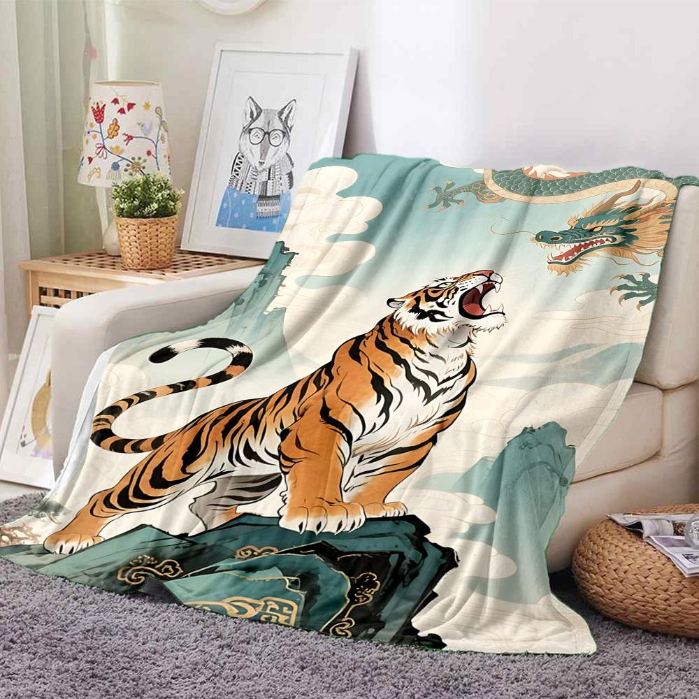1pc Tiger Print Blanket, Lightweight Flannel Fleece with Digital Printing, Soft Warm for Sofa, Travel, Camping, Office, Couch, Chair, and Bed, All-Sea