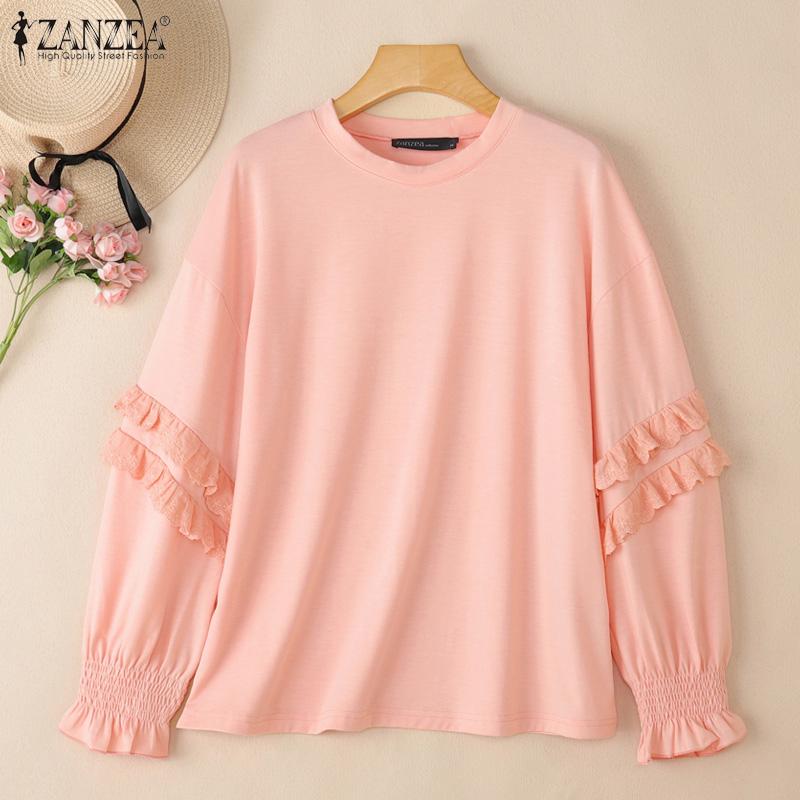 ZANZEA Women Casual Round Neck Loose Long Sleeve Blouse