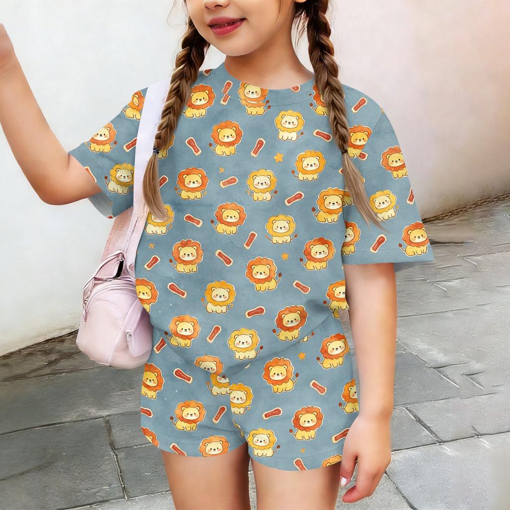 Kids Casual Short Sleeve Top and Shorts Set Animal Print Lightweight Breathable Soft Fabric Comfortable Fit Summer Outfit for Boys and Girls