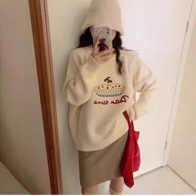 Autumn and Winter Jacquard Loose Fashion Round Neck Pullover Knitted Sweater Female Cartoon Contrasting Color Age-reducing Casual Sweater