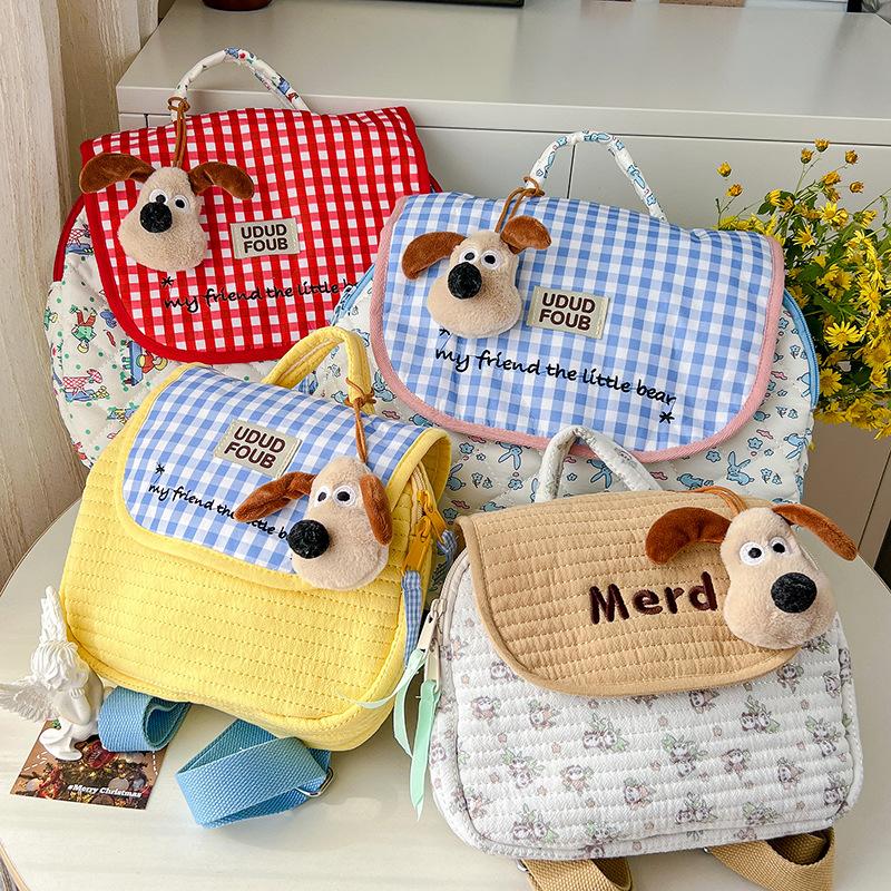 Cute Little Dog Checkered Boy-girl Embroidery Thread Small Backpack for Parents and Children's Baby Bag