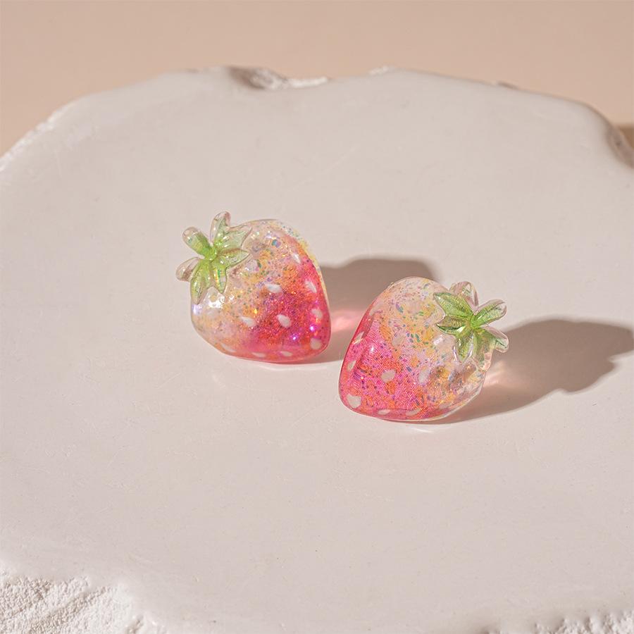 Cute and small resin strawberry peach fruit silver needle earrings, sweet and less spring and summer small fresh earrings