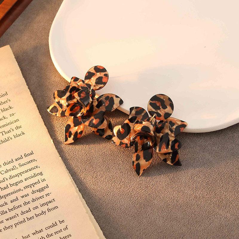 Leopard Print Flower Earrings, High Sense Retro Exaggerated Temperament Earrings, Fashionable Versatile Color Printing Earrings
