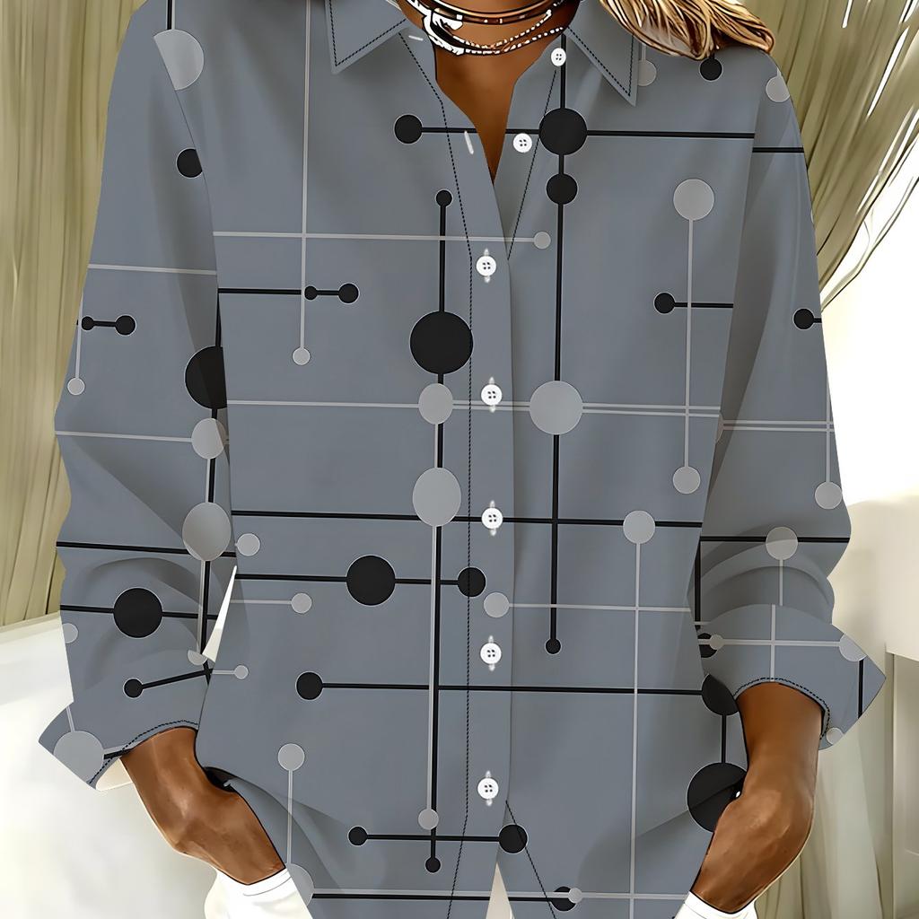 Plus size women's long-sleeved shirt geometric style loose printed shirt dotted element style mid-length women's long-sleeved lapel shirt