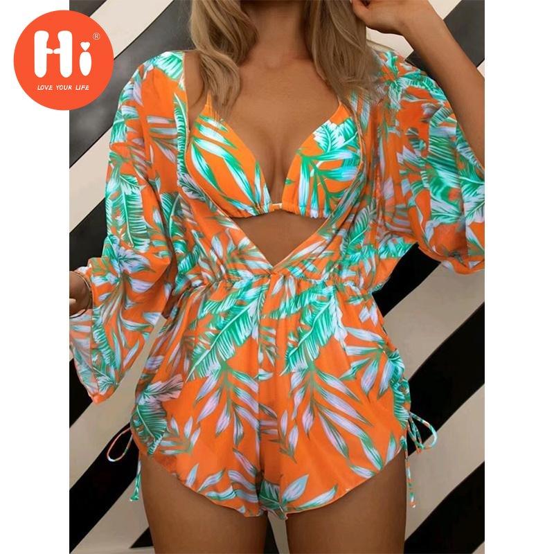 

Комплект бикини из 3 предметов, женский купальник с длинными рукавами и тропическим принтом, купальник с лямкой на шее, пляжная одежда, купальный костюм