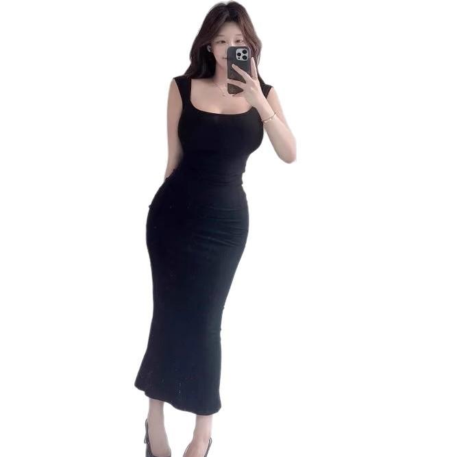 Large size fat mm sexy royal sister wind suspender solid color low neck chest dress women's summer tight waist and hip long dress