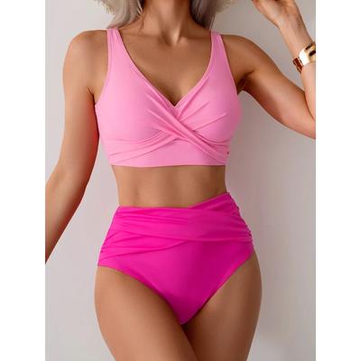 Vintage Knallpink Patchwork Bikini Damen V-Ausschnitt Kreuzfalten Hohe Taille Badeanzug 2026 Urlaubs-Badeanzug Bademode Große Größe