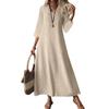 Women's Fashion V-Neck Seven Sleeve Pocket Solid Color Zipper Casual Vacation Long Cotton Linen Dresses