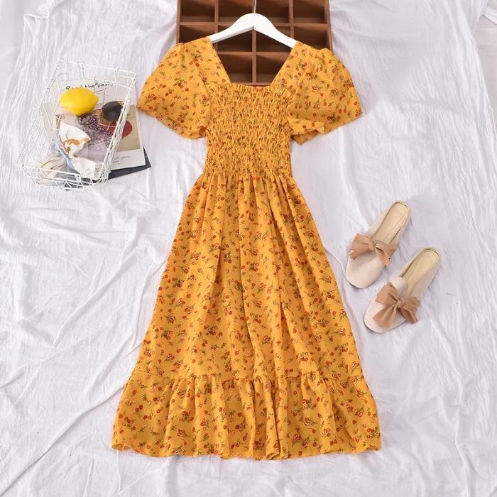 Women's Summer Retro Square-neck Floral, Waist-cinching and Slimming Ruffled Patchwork Dress