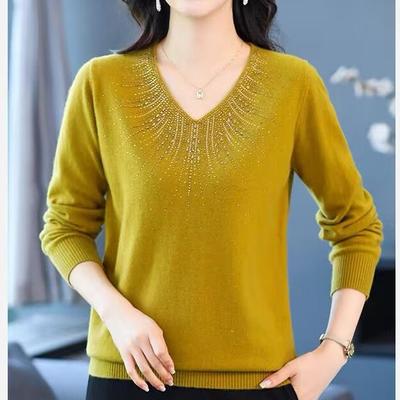 Herbst Damen Übergröße Pullover Locker V-Ausschnitt Strickware Strass Pullover Strickoberteil Stretch Jumper