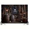 1 Piece, Pirate Ship Background Cloth with Skull and Cross Bone Flags, Wooden Barrels, and Rope Details