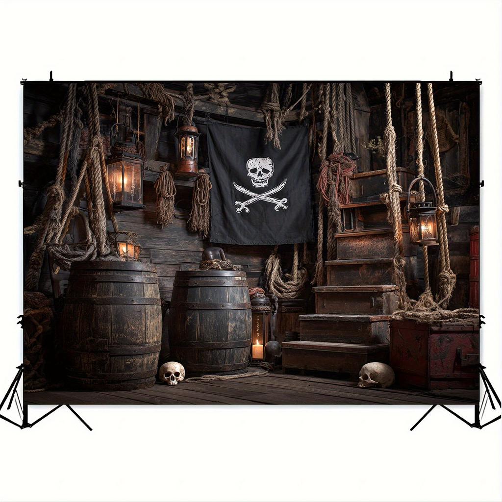 1 Piece, Pirate Ship Background Cloth with Skull and Cross Bone Flags, Wooden Barrels, and Rope Details