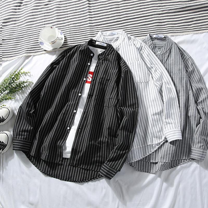Men's Loose Long-sleeved Striped Casual Jacket Shirt.