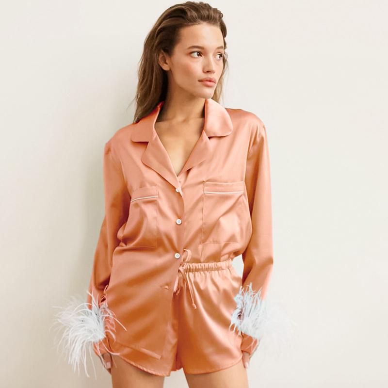 

Женский атласный пижамный комплект, женская одежда для сна, женский пижамный костюм, шелковая ночная рубашка, домашняя одежда, манжеты с перьями L оранжевый