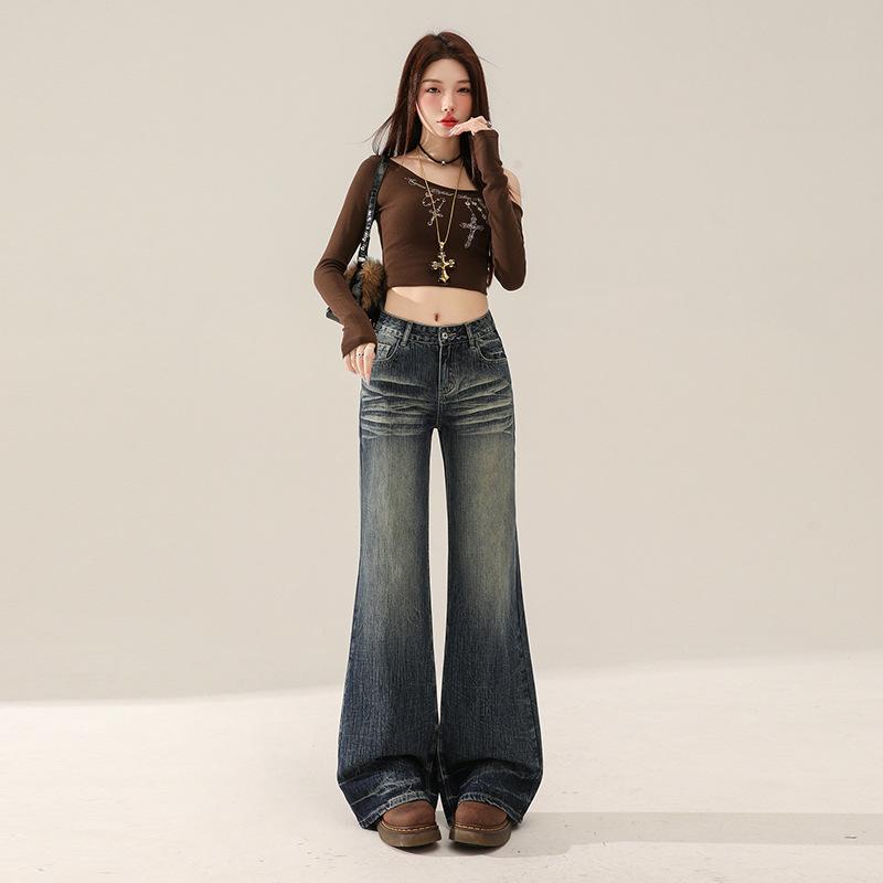 American Spice Girl low-rise slightly pulled jeans women's spring and autumn new bamboo joint pattern loose and thin horn pants