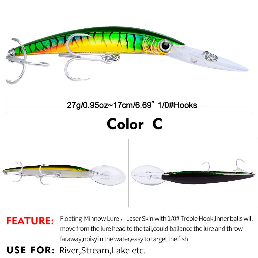 PRO BEROS Sea Fishing Minnow Lure, 17cm/27g, Hard Plastic Bait, 10 Color Options - Model DW358