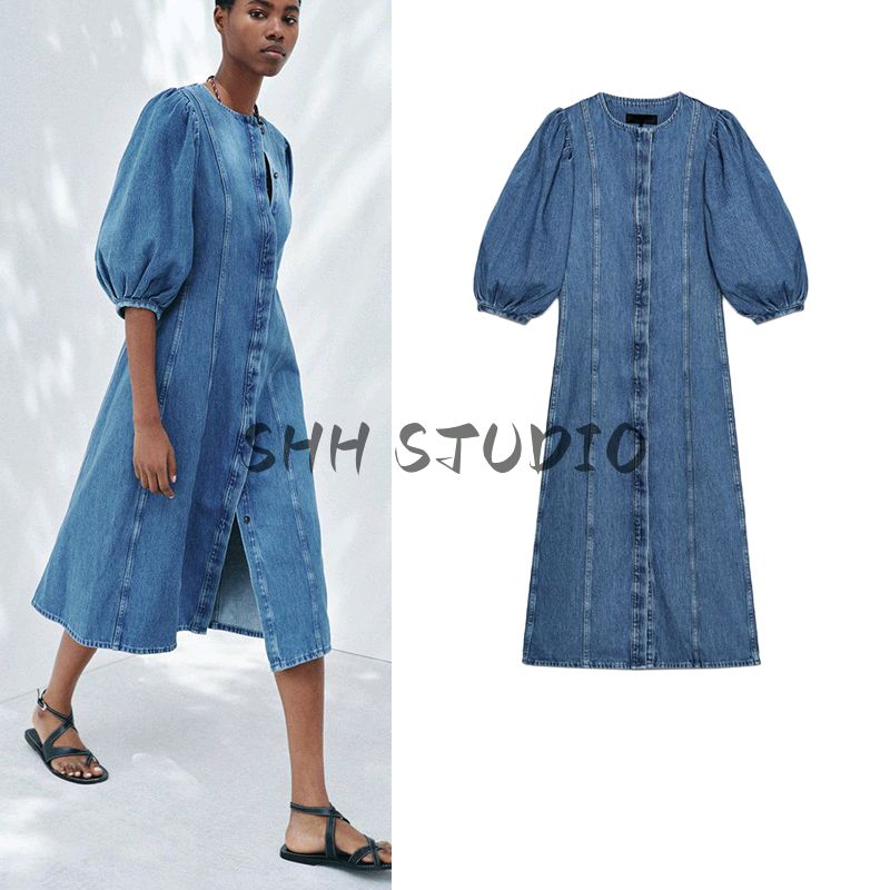 Spring and Summer New Women's Clothing Thread Decoration round Neck Puff Sleeves Washing Effect Denim Dress 5216060